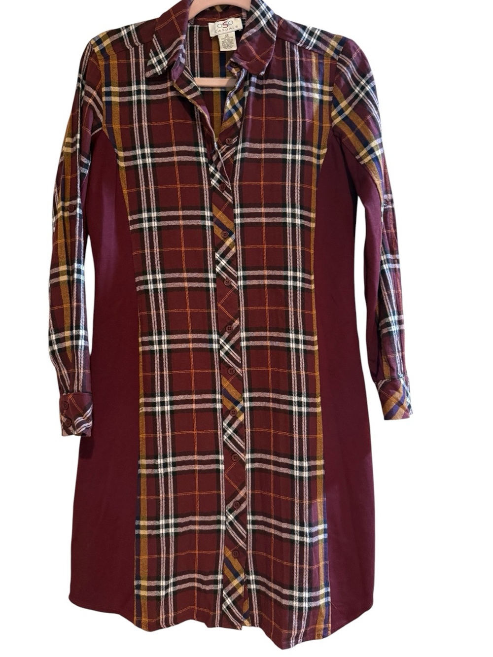 OSO Casuals XS Burgundy Plaid Mixed Media Button Front Shirt Dress